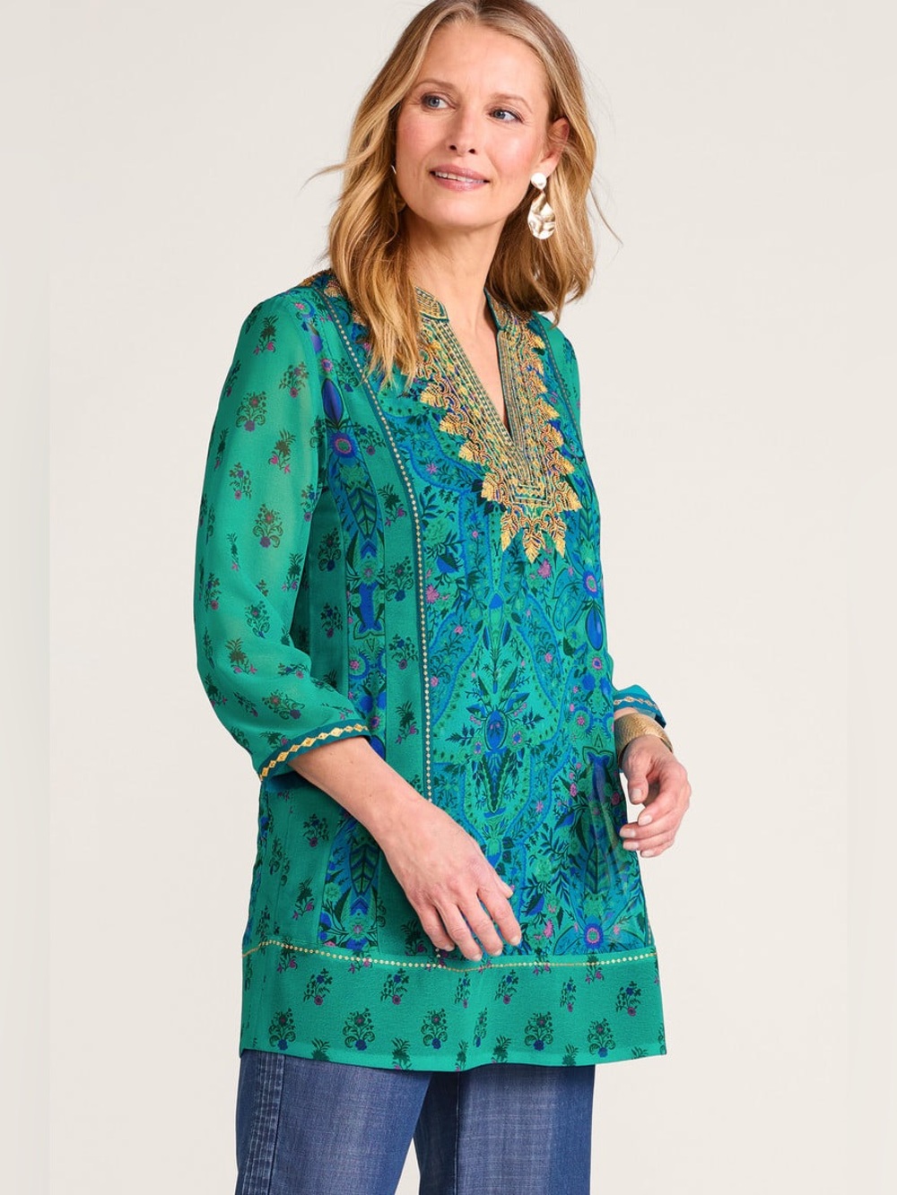 Soft Surroundings Bronte Embroidered Beaded Tunic Top PM Boho Chiffon Kaftan